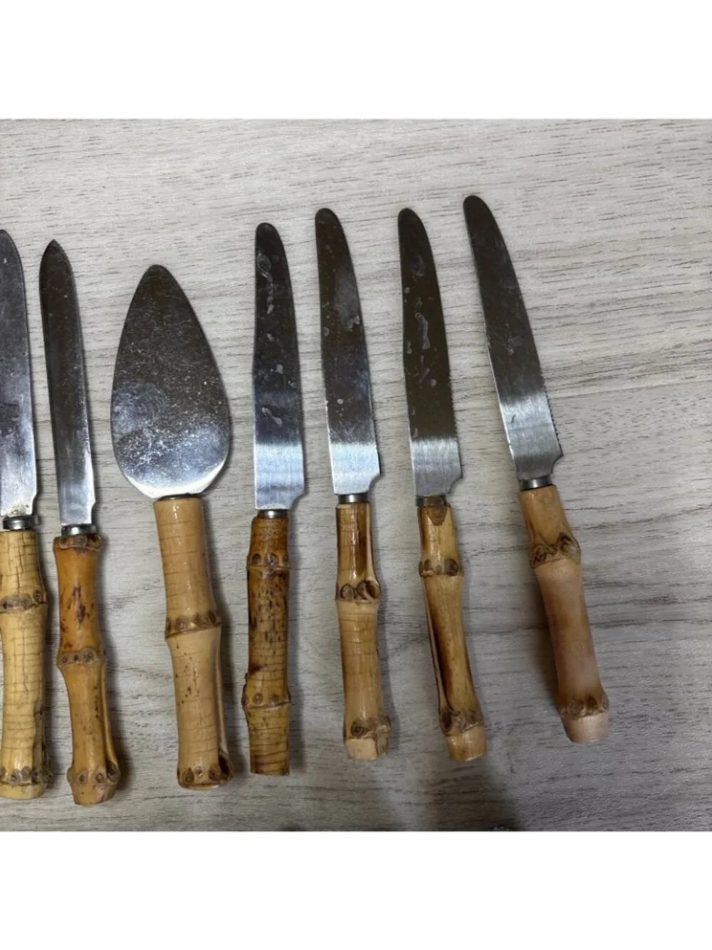 Vtg 29pc Bamboo Handle Flatware Silverware and Serving Pieces Stainless Japan